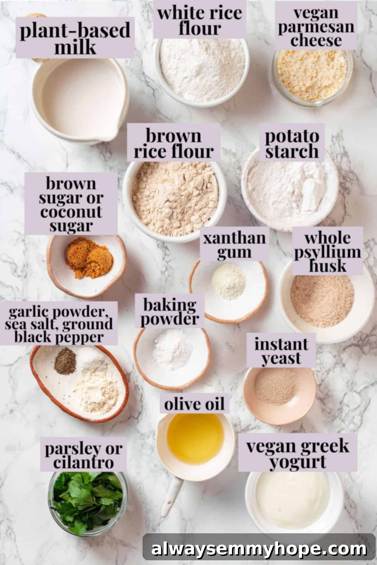 This easy gluten-free naan recipe has the chewy texture and slightly charred bits that make naan so irresistible, but without the wheat! Overhead view of various gluten-free naan ingredients laid out with labels, including flours, spices, and liquid components.