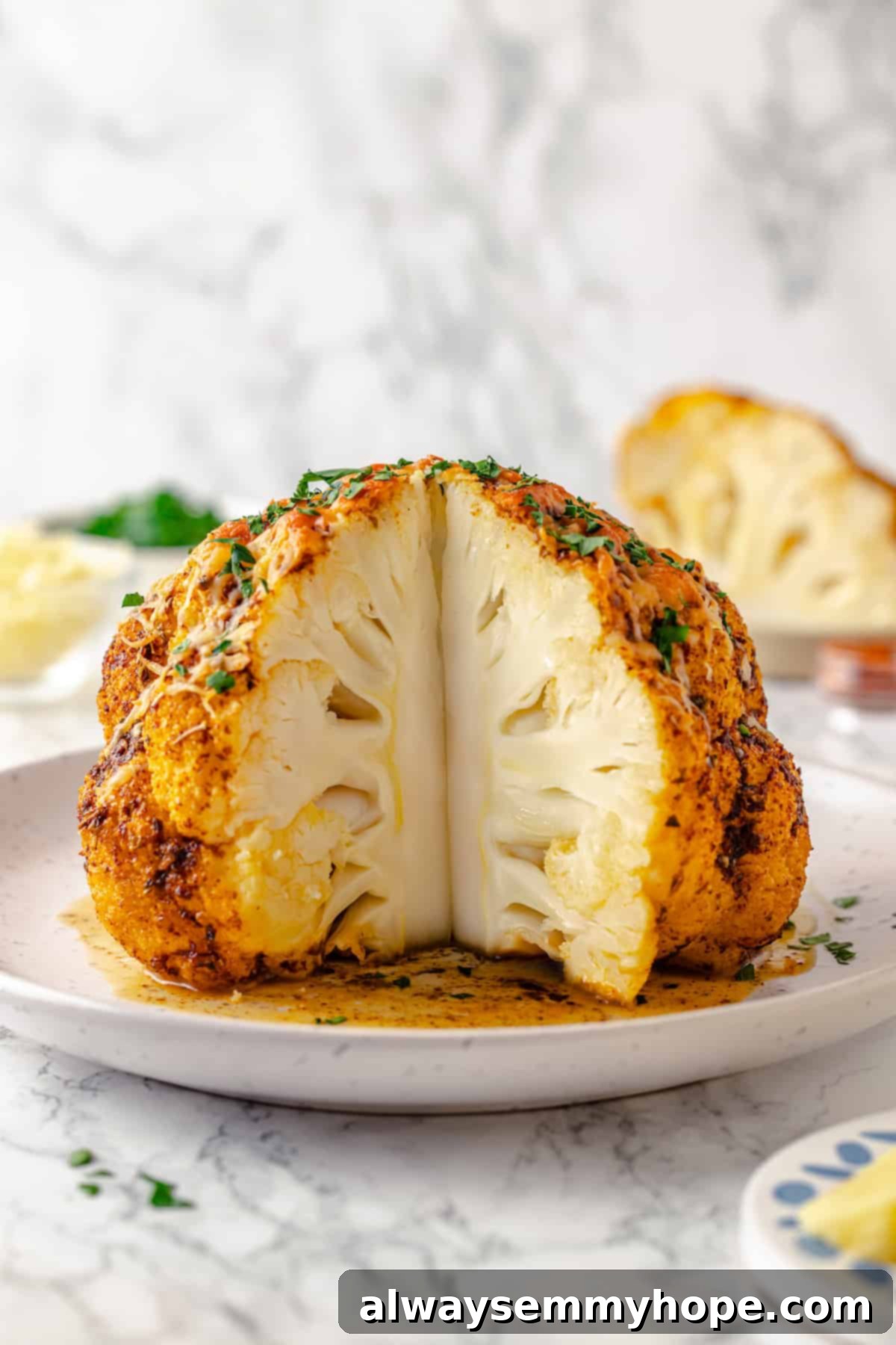 A perfectly roasted whole cauliflower, golden brown and seasoned, served on a elegant platter with a wedge already cut out, ready to be enjoyed.