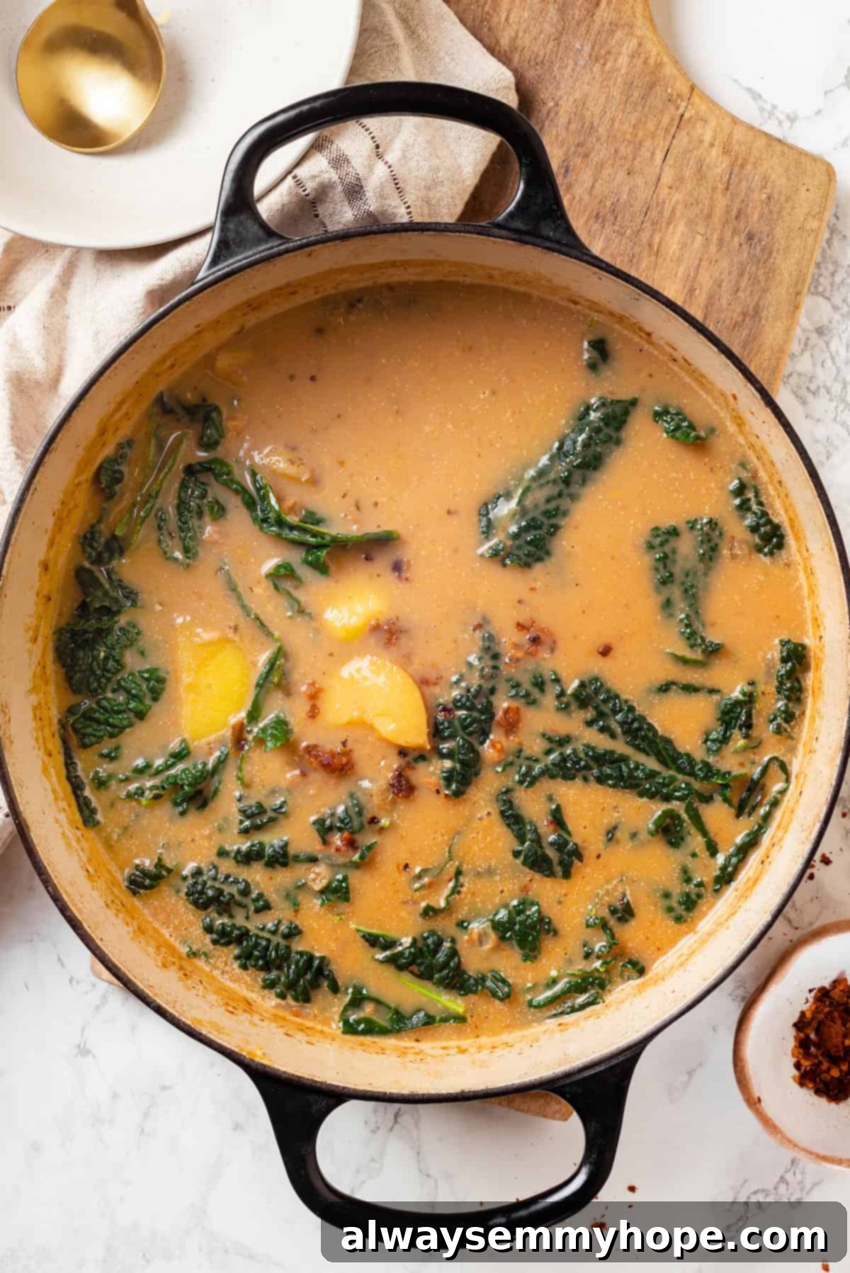 Overhead view of a large pot filled with creamy vegan Zuppa Toscana, ready to be served.
