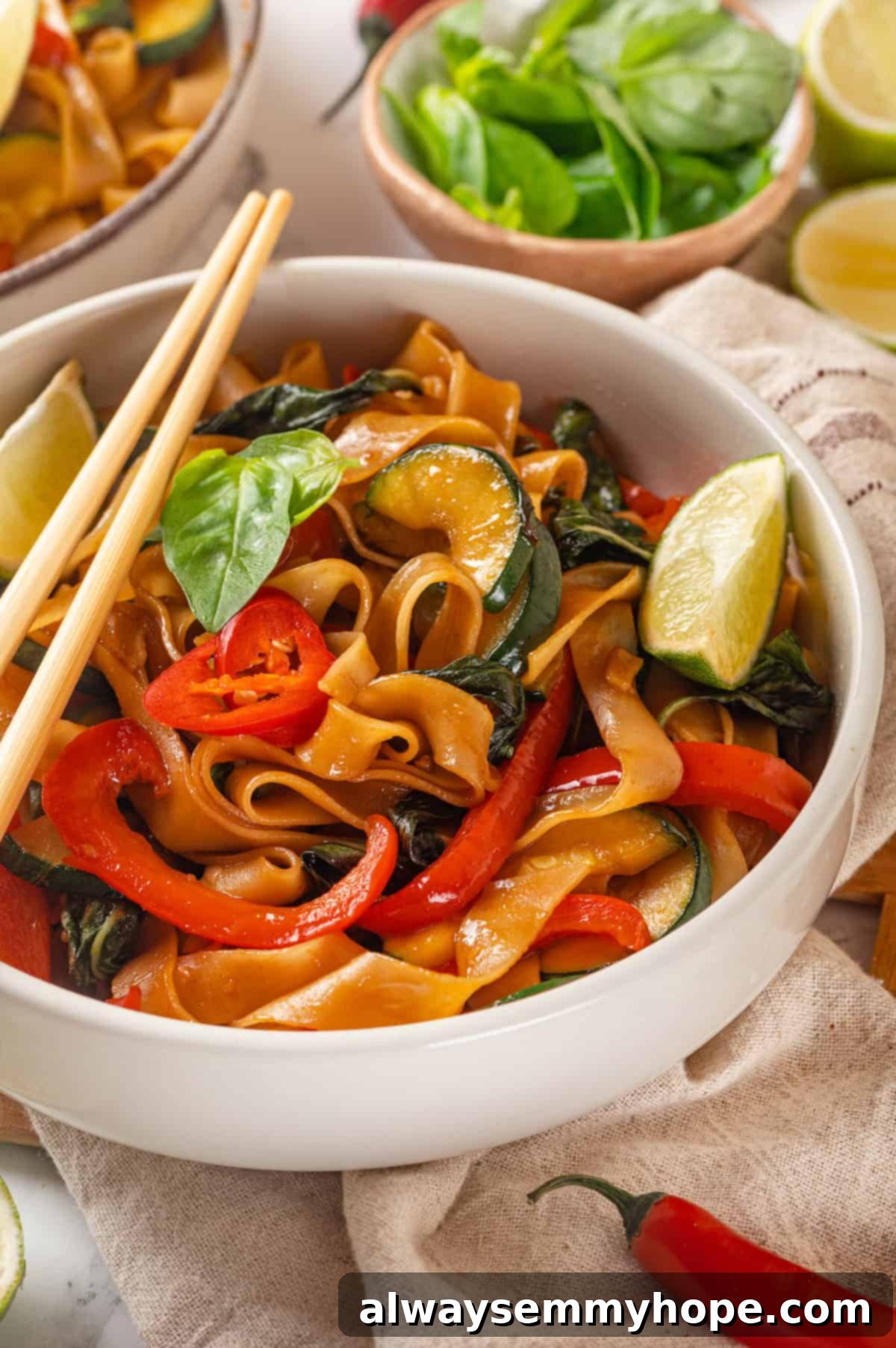 This easy Thai drunken noodles recipe is a quick stir-fry dinner perfect for a weeknight. They're sweet, savoury, spicy—and vegan too! Bowl of vegan drunken noodles with chopsticks