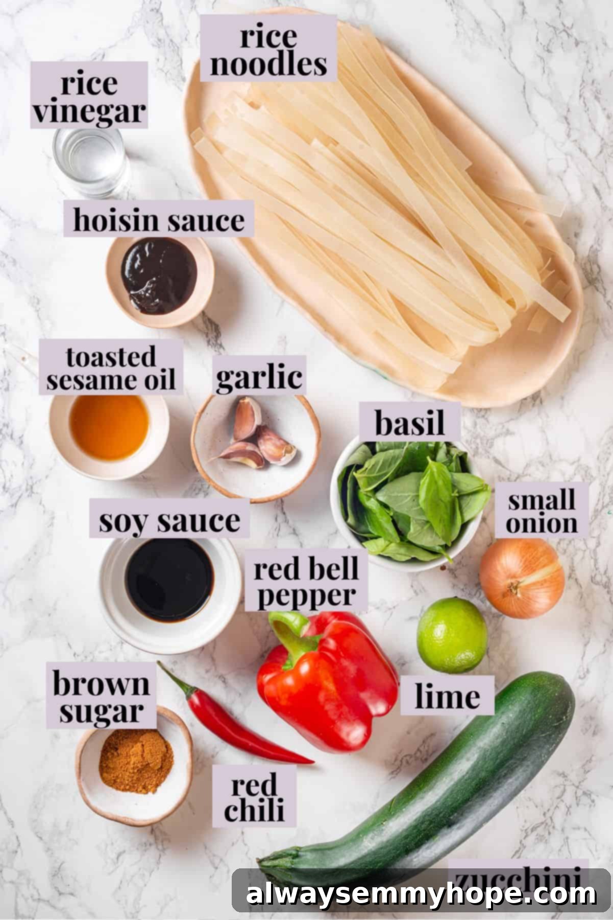 This easy Thai drunken noodles recipe is a quick stir-fry dinner perfect for a weeknight. They're sweet, savoury, spicy—and vegan too! Overhead view of ingredients for drunken noodles with labels