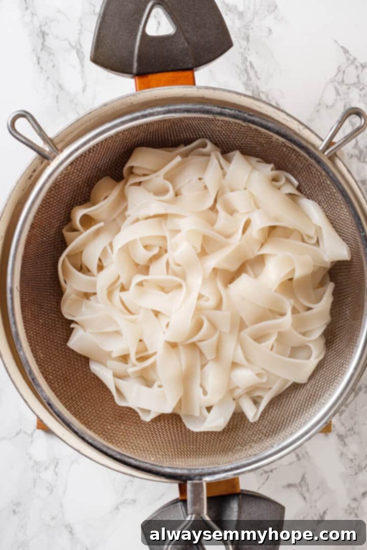 This easy Thai drunken noodles recipe is a quick stir-fry dinner perfect for a weeknight. They're sweet, savoury, spicy—and vegan too! Cooked rice noodles in colander