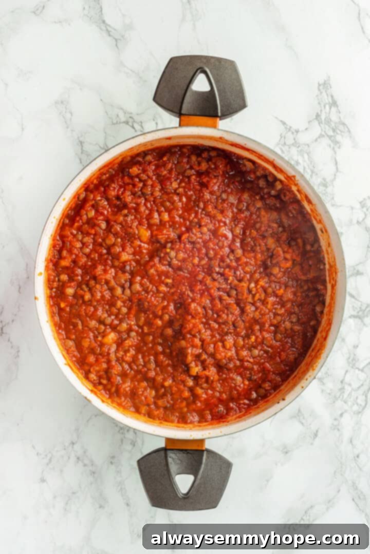 This vegan sheet pan lasagna recipe is a different way to enjoy all that cheesy pasta goodness—easier, quicker, and more crispy edges! Rich marinara and lentil sauce simmering in a skillet, bursting with Italian flavors for the lasagna.