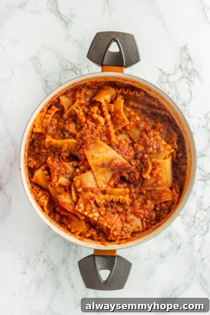 This vegan sheet pan lasagna recipe is a different way to enjoy all that cheesy pasta goodness—easier, quicker, and more crispy edges! Overhead view of broken lasagna noodles tossed with rich lentil marinara sauce in a large skillet.