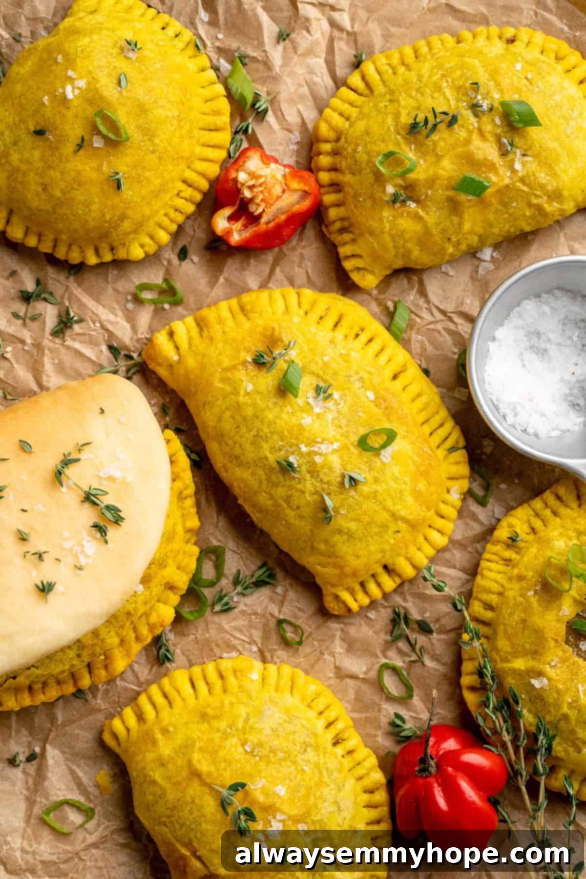 Overhead view of vegan Jamaican patties with a golden, flaky crust and a rich, spicy filling