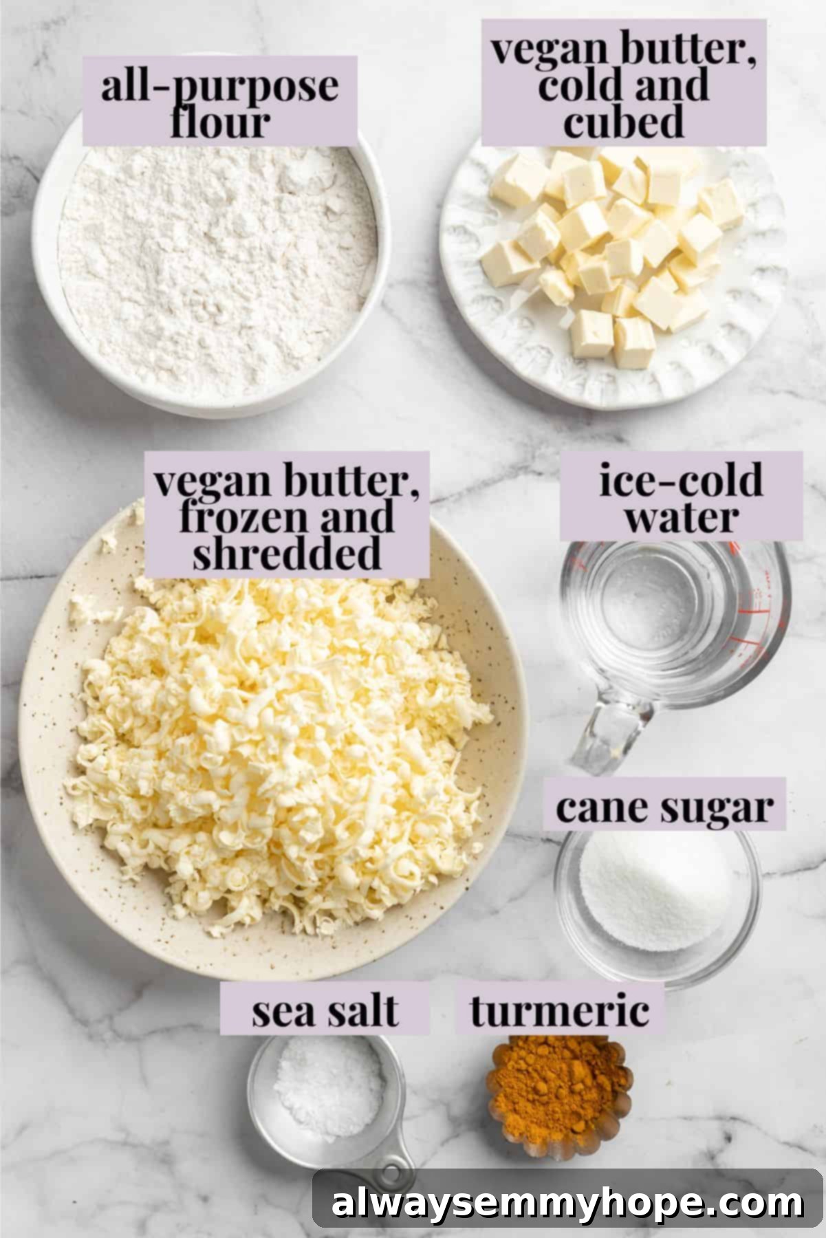 Overhead view of ingredients for vegan Jamaican patty crust with labels including flour, turmeric, sugar, salt, and vegan butter