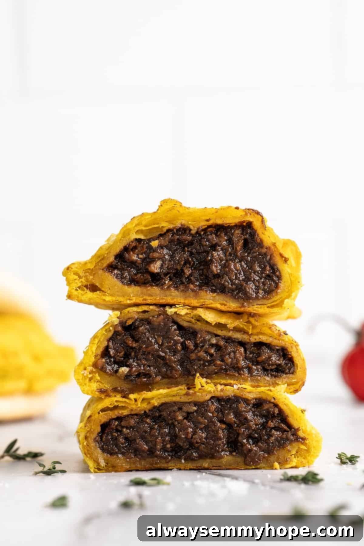 Stack of 3 halved vegan Jamaican patties showing the generous, spicy filling