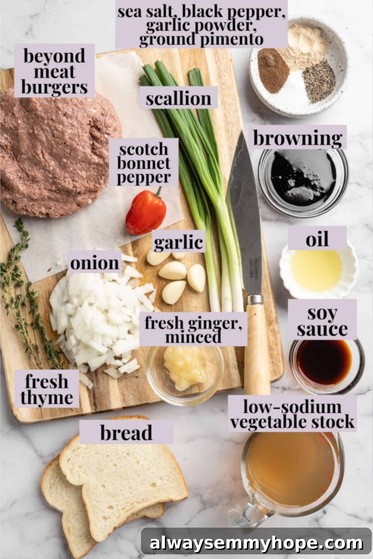 Overhead view of ingredients for vegan Jamaican patty filling with labels including vegan ground beef, scotch bonnet, thyme, pimento, and browning sauce