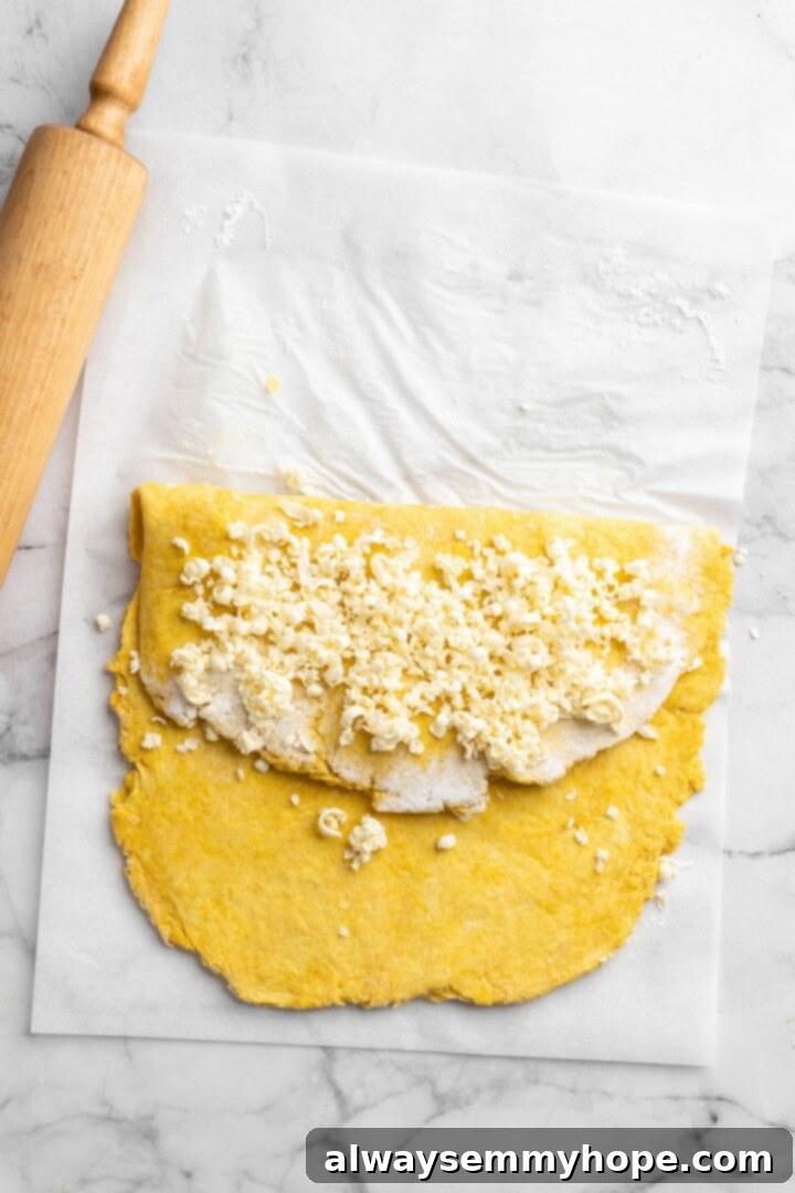 Butter added to folded dough, demonstrating the folding technique