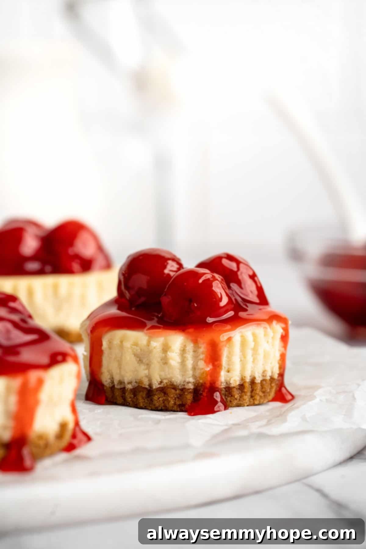 Vegan mini cheesecakes are the perfect two-bite dessert, with a rich, creamy cheesecake filling no one can resist. So easy to make too! Perfectly garnished vegan mini cheesecakes. Mini cheesecakes topped generously with vibrant red cherries, glistening and ready to be served.