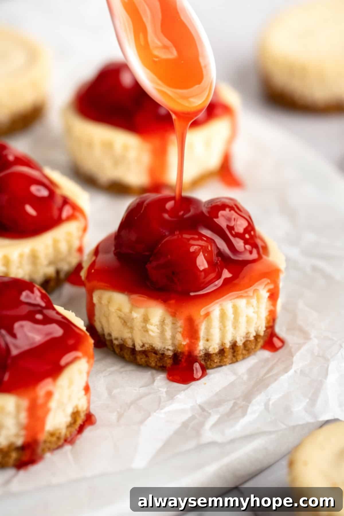 Vegan mini cheesecakes are the perfect two-bite dessert, with a rich, creamy cheesecake filling no one can resist. So easy to make too! The final step for perfectly topped mini cheesecakes. A hand drizzling cherry topping artfully over a fresh batch of mini vegan cheesecakes, enhancing their visual appeal.
