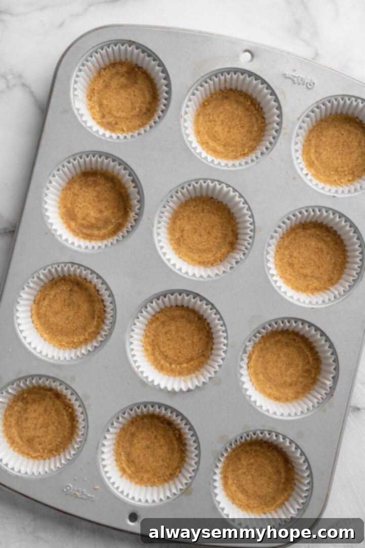 Vegan mini cheesecakes are the perfect two-bite dessert, with a rich, creamy cheesecake filling no one can resist. So easy to make too! Baking the foundation of your mini cheesecakes. Graham cracker crust firmly pressed into a muffin pan lined with paper liners.