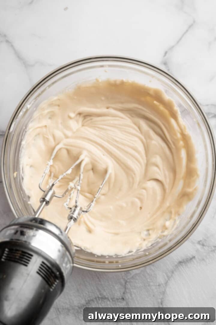 Vegan mini cheesecakes are the perfect two-bite dessert, with a rich, creamy cheesecake filling no one can resist. So easy to make too! Beating the creamy cheesecake filling. Mixing the complete vegan cheesecake filling with a hand mixer until all ingredients are fully incorporated and smooth.