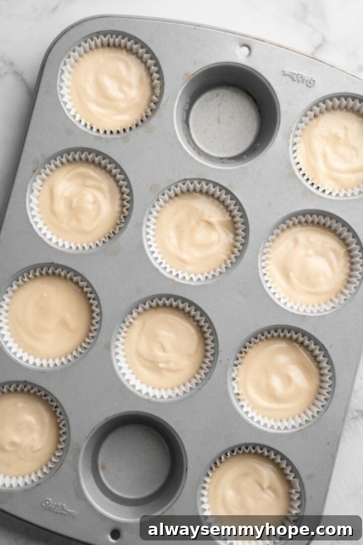 Vegan mini cheesecakes are the perfect two-bite dessert, with a rich, creamy cheesecake filling no one can resist. So easy to make too! Dividing the delicious cheesecake filling. Overhead view of smooth vegan cheesecake mixture evenly spooned into each cupcake liner on a muffin pan.