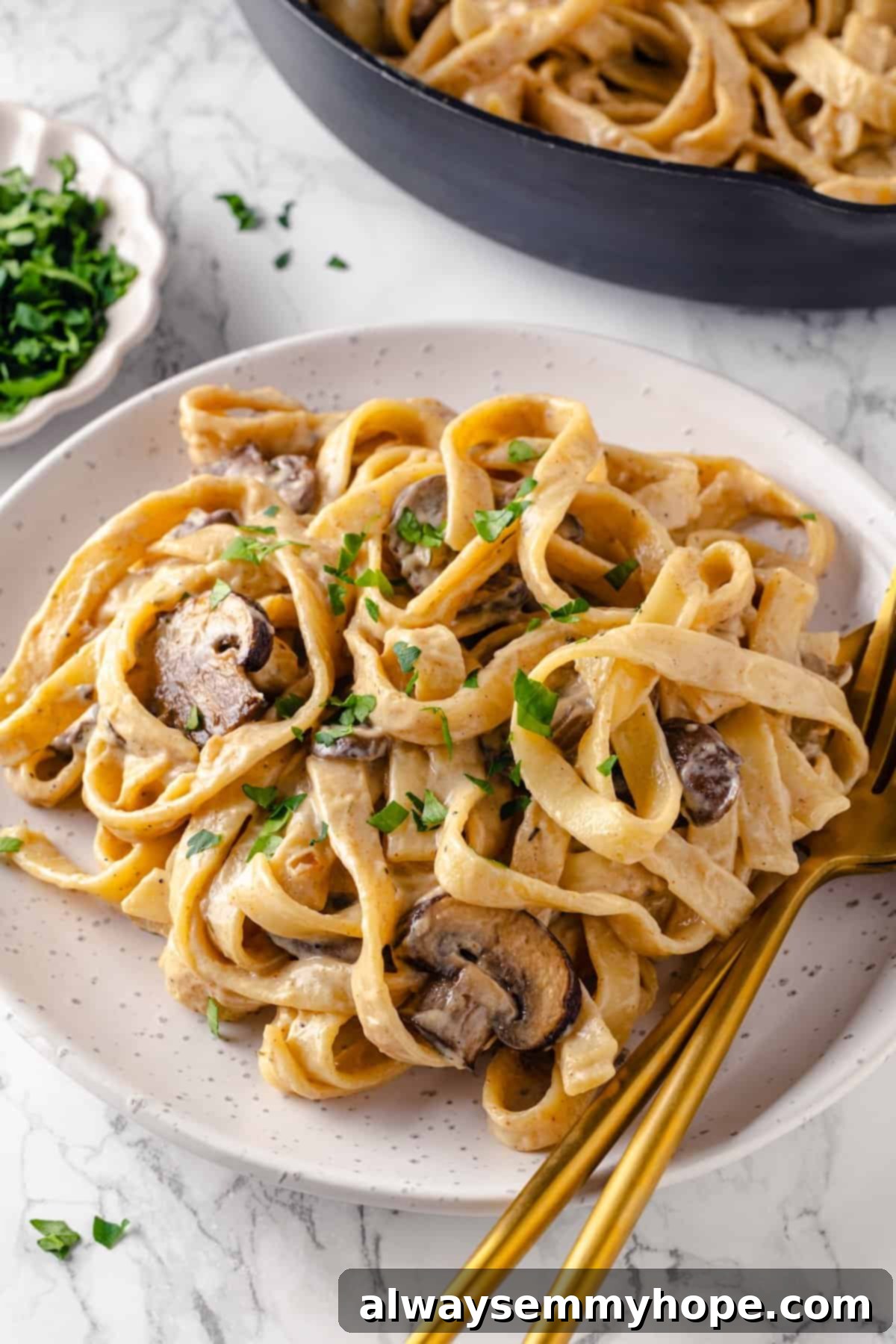 This vegan mushroom stroganoff is packed with umami, rich and creamy, and super satisfying. It’s a cozy recipe you’ll make again and again! A plate of creamy vegan mushroom stroganoff with a fork and spoon, ready to be enjoyed.
