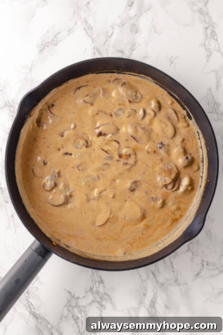 This vegan mushroom stroganoff is packed with umami, rich and creamy, and super satisfying. It’s a cozy recipe you’ll make again and again! Creamy vegan mushroom stroganoff sauce in a skillet, after plant-based milk and sour cream have been mixed in.