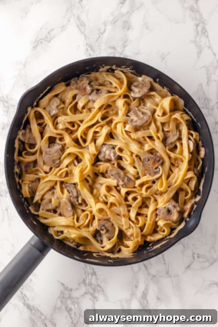 This vegan mushroom stroganoff is packed with umami, rich and creamy, and super satisfying. It’s a cozy recipe you’ll make again and again! Overhead view of vegan mushroom stroganoff in a skillet, with pasta fully incorporated into the creamy sauce.