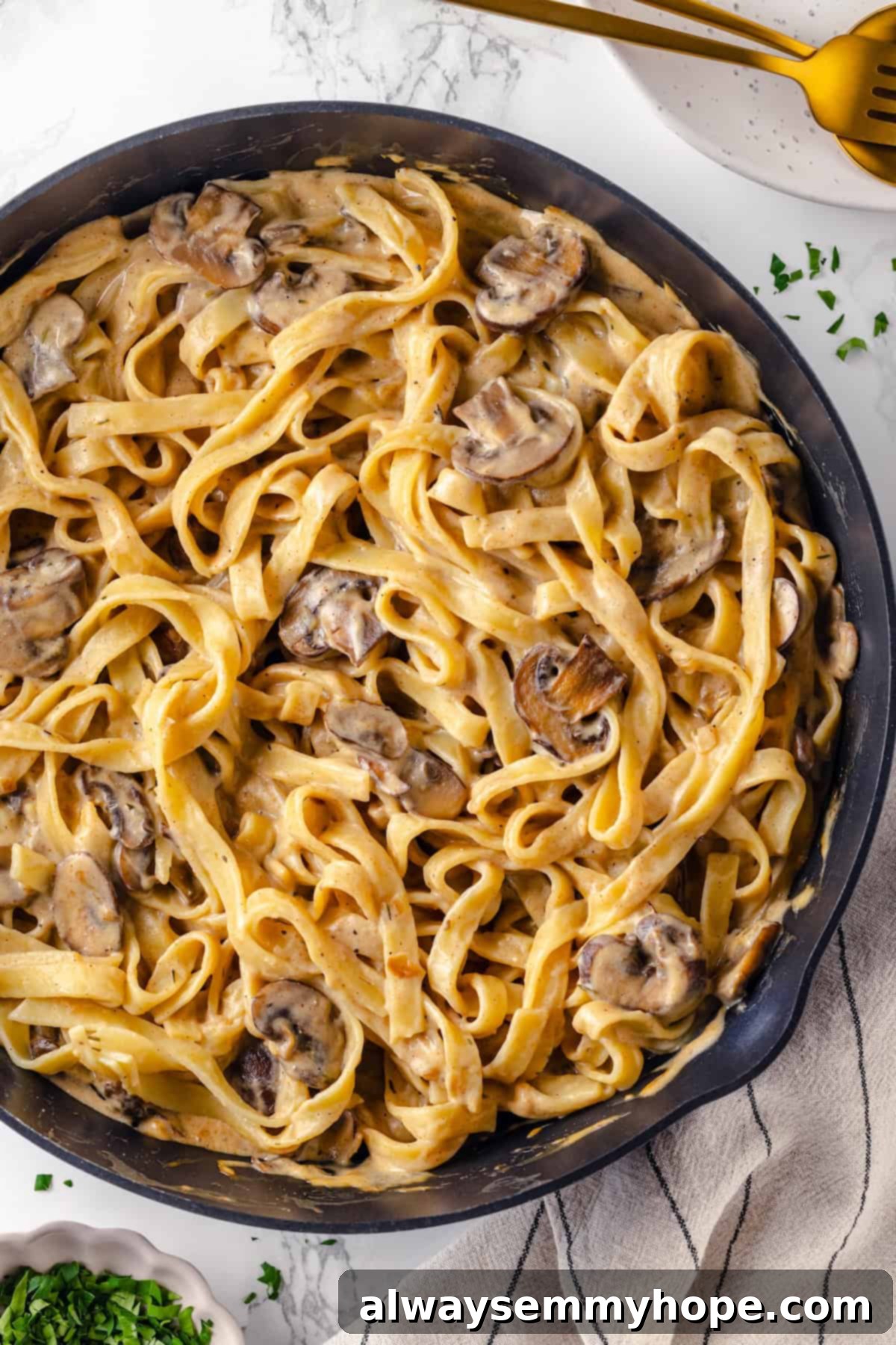 This vegan mushroom stroganoff is packed with umami, rich and creamy, and super satisfying. It’s a cozy recipe you’ll make again and again! Overhead view of a cast iron skillet filled with creamy vegan mushroom stroganoff, garnished with fresh herbs.