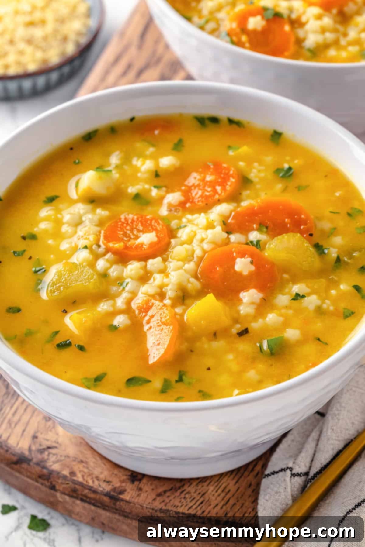 Close-up of a bowl of homemade vegan Italian penicillin soup, garnished with fresh parsley.