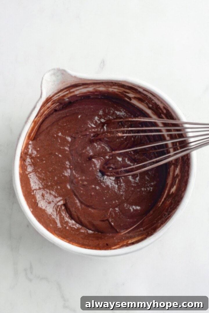Whisking the smooth and rich cake batter. Hands whisking rich vegan chocolate cake batter in a large white bowl, showing a smooth, consistent texture.