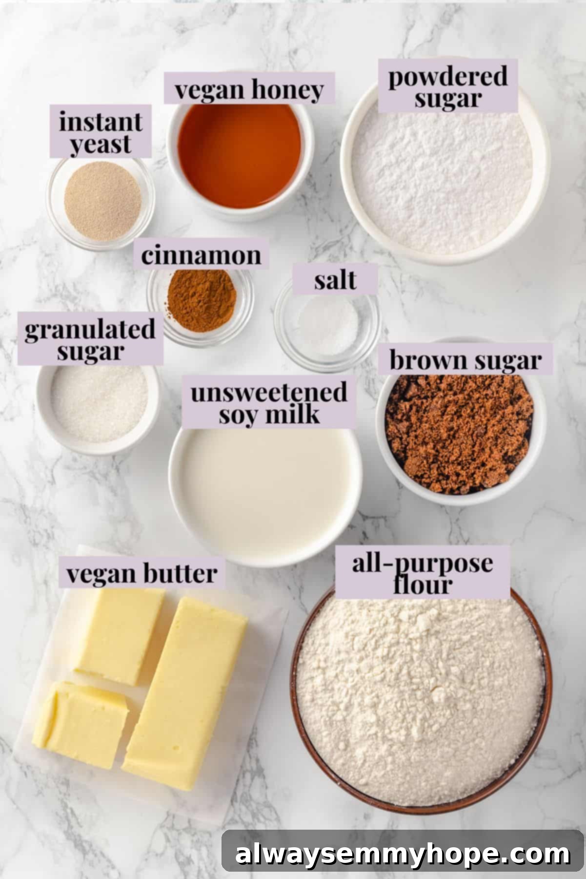 Overhead view of ingredients for honey buns with labels
