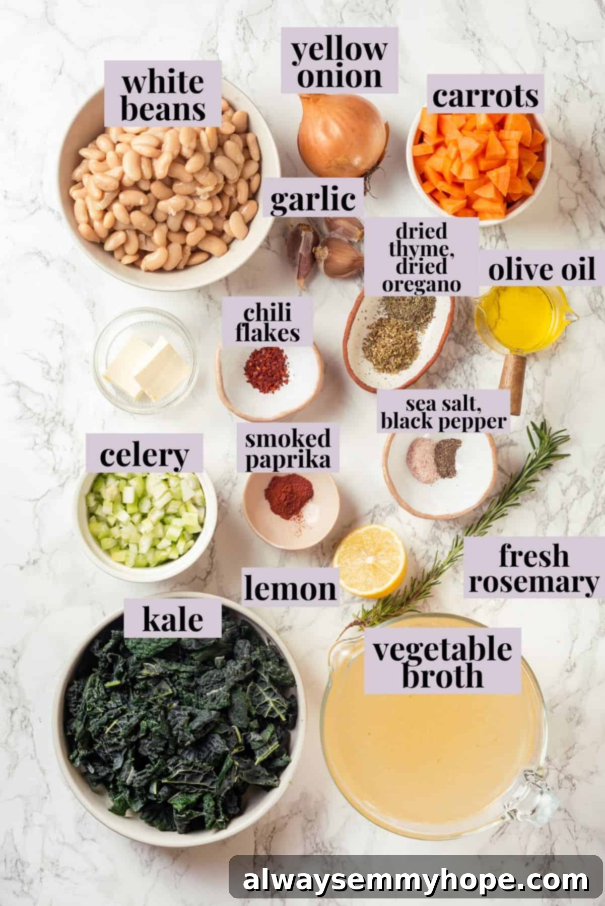 Overhead view of ingredients for kale soup with labels