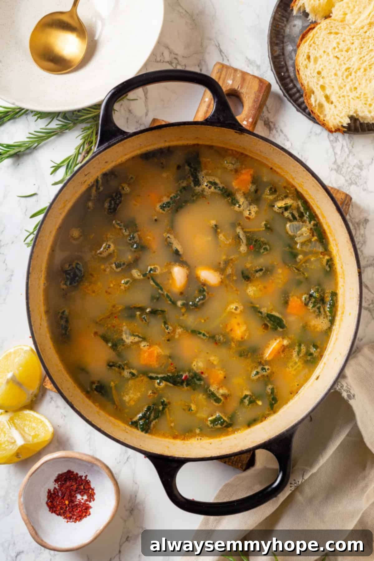 Overhead view of kale soup in pot