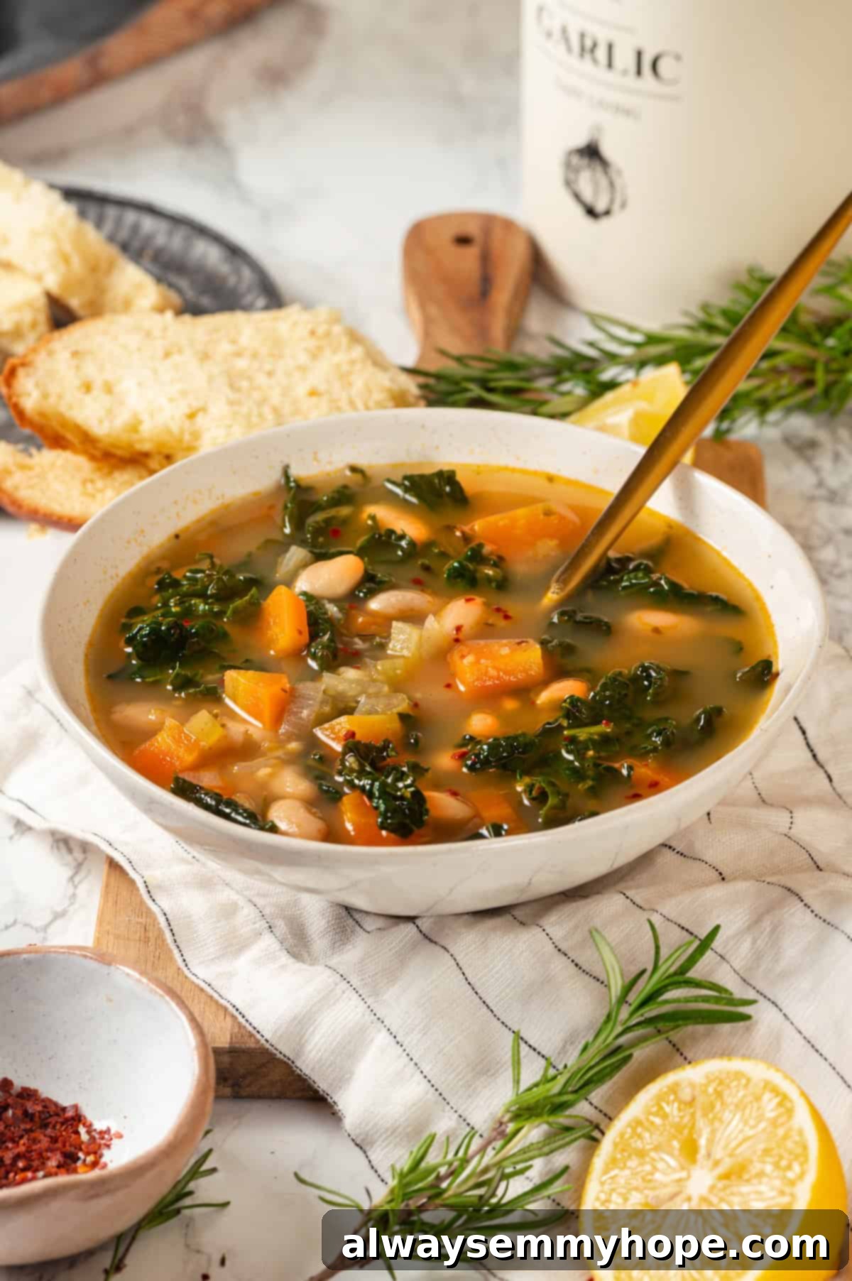 Bowl of kale soup with white beans