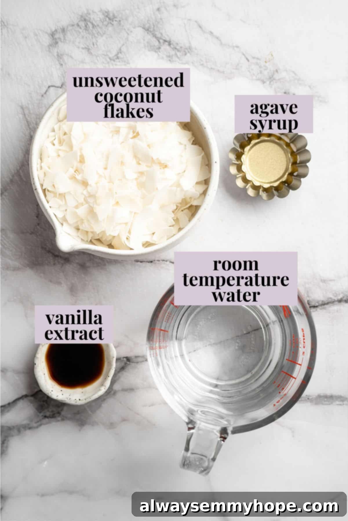 Overhead view of two bowls containing unsweetened coconut flakes and room temperature water, the two main ingredients for homemade coconut milk.