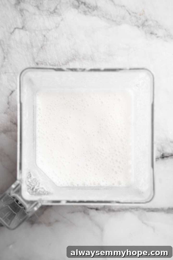 Overhead view of a blender with creamy, frothy homemade coconut milk after blending, showing a smooth consistency.
