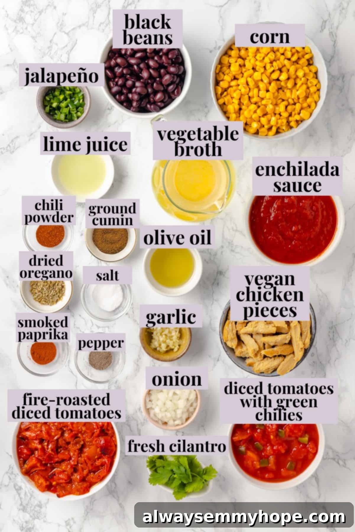 This vegan enchilada soup recipe has the flavor of enchiladas in a hearty bowl of soup. Loaded with beans, plant-based chicken and more! Overhead view of fresh and canned ingredients for vegan enchilada soup with labels