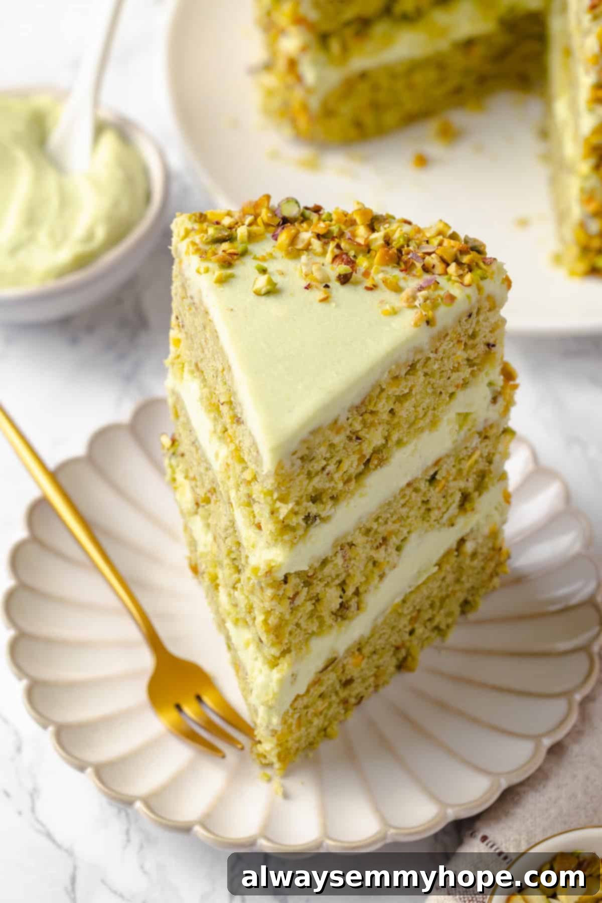 Slice of pistachio cake on plate with gold fork