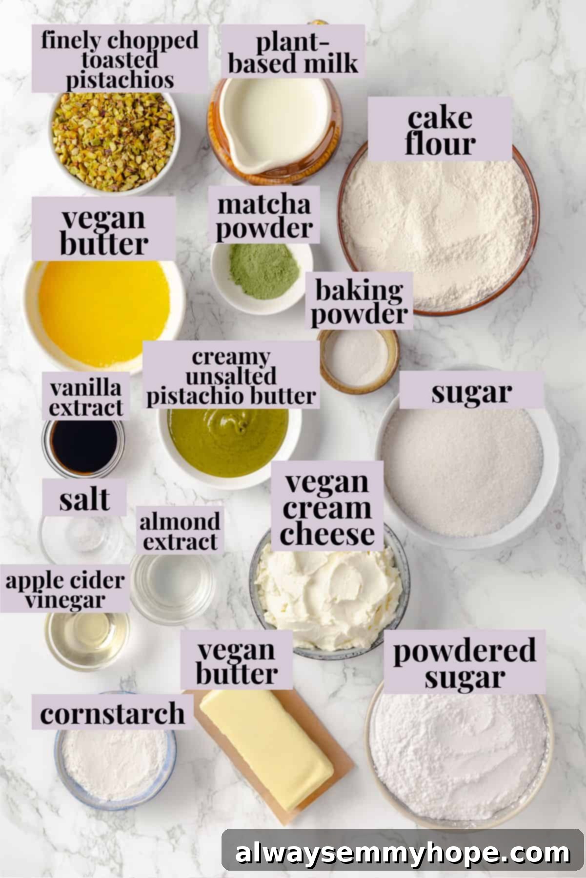 Overhead view of ingredients for pistachio cake with labels