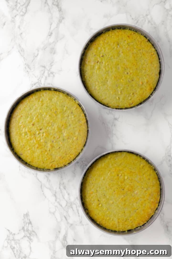Overhead view of 3 round pans of pistachio cake