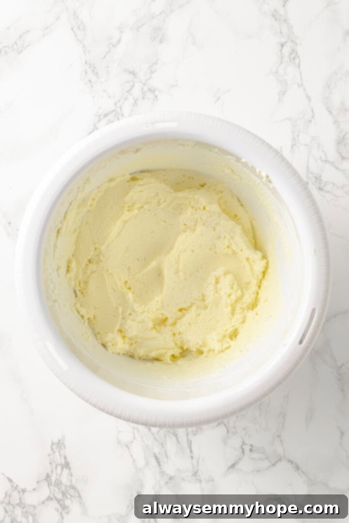 Overhead view of creamed butter and cream cheese