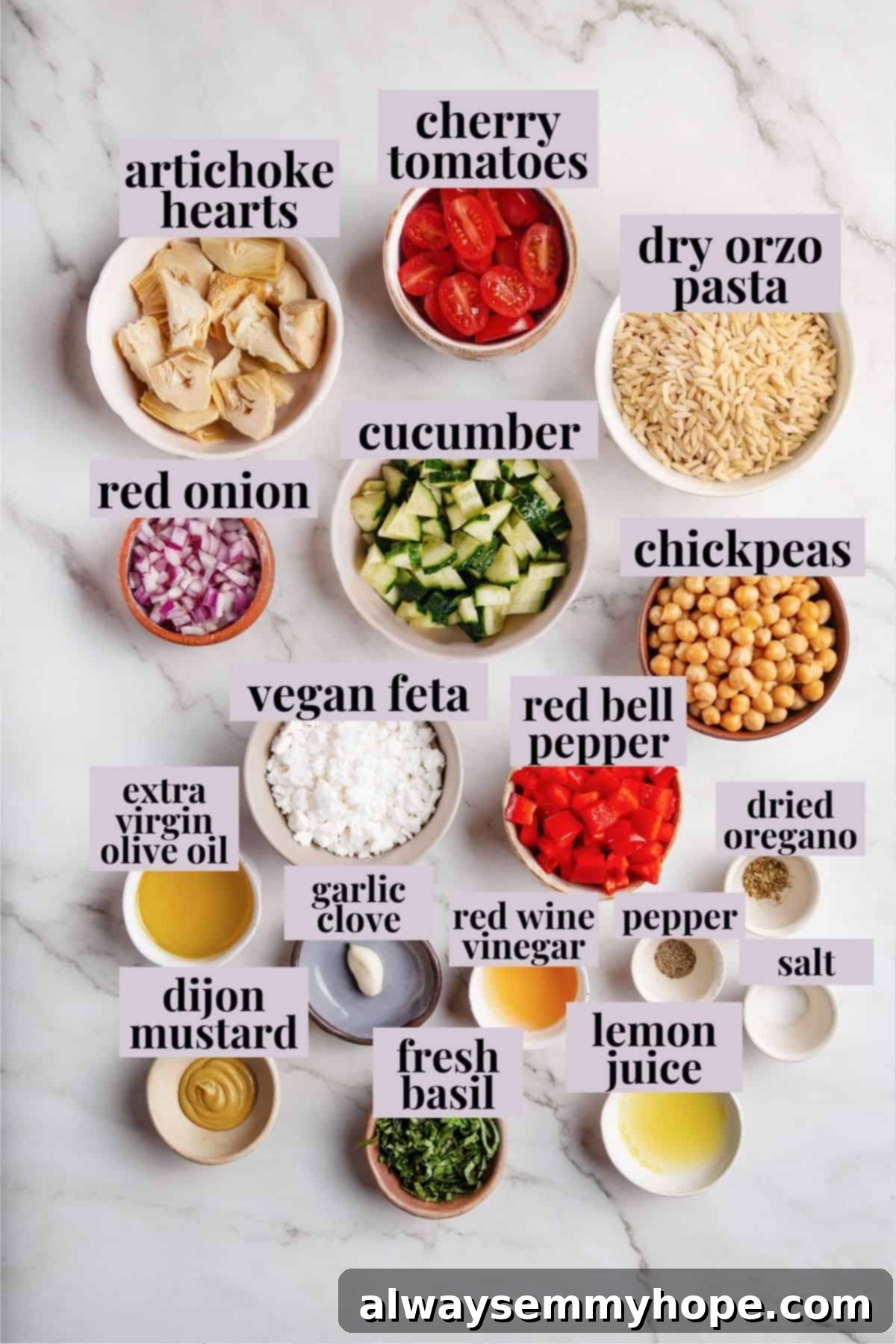 Overhead view of orzo pasta salad ingredients with labels