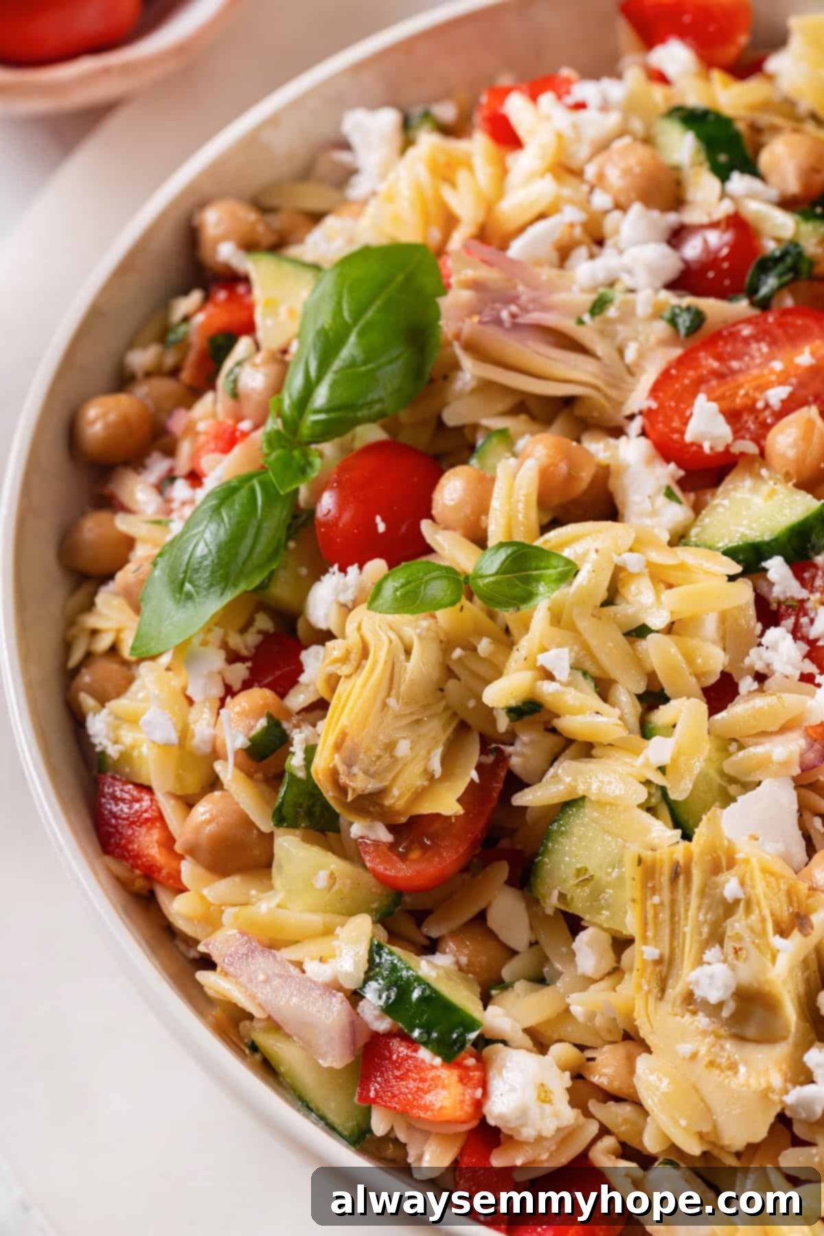 Closeup of vegan orzo pasta salad