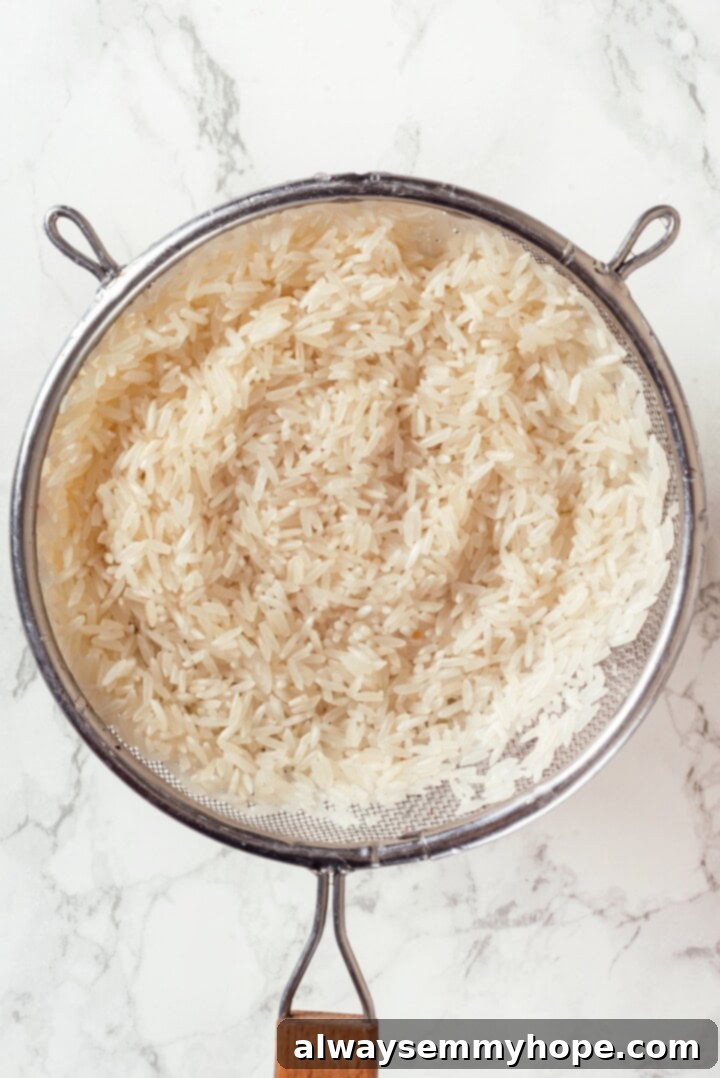 Rinsed jasmine rice in colander