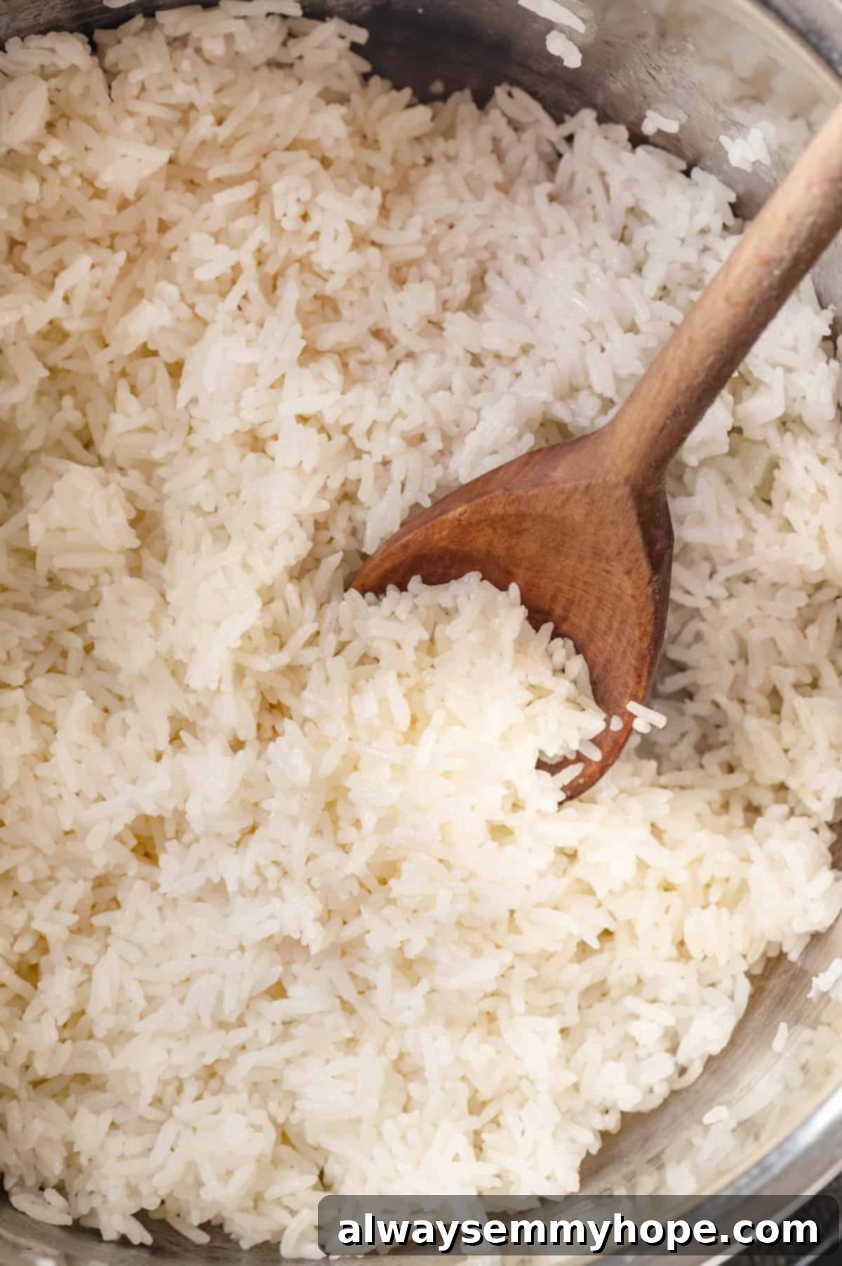 Overhead view of jasmine rice in Instant Pot with wooden spoon