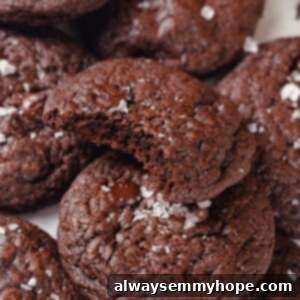 Pile of vegan brownie cookies with flaky sea salt on top