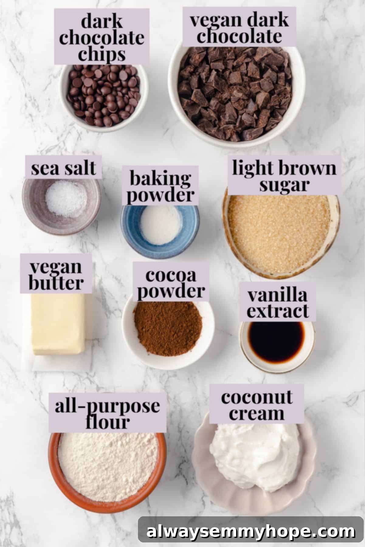 Overhead view of brownie cookie ingredients with labels
