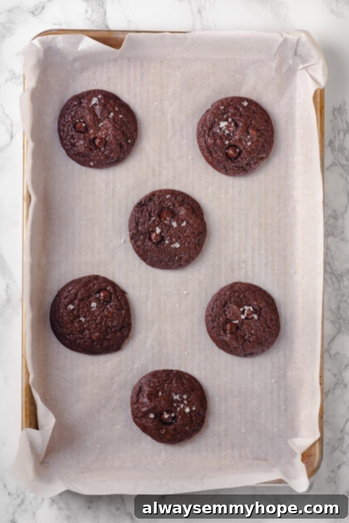 Overhead view of brownie cookies on pan lined with parchment paper
