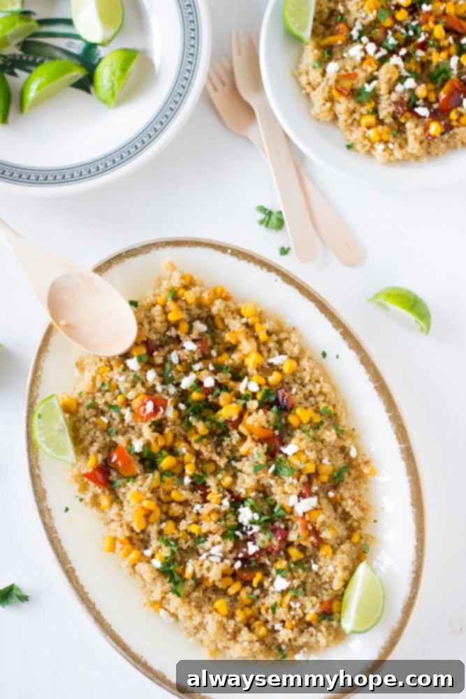 Quinoa and Corn Salad with Honey-Lime Dressing is hearty and delicious, made with roasted tomatoes and feta cheese. The perfect summer salad! A long white dish filled with a vibrant Quinoa and Corn Salad, garnished with fresh herbs and a drizzle of honey-lime dressing. Perfect for a summer meal.