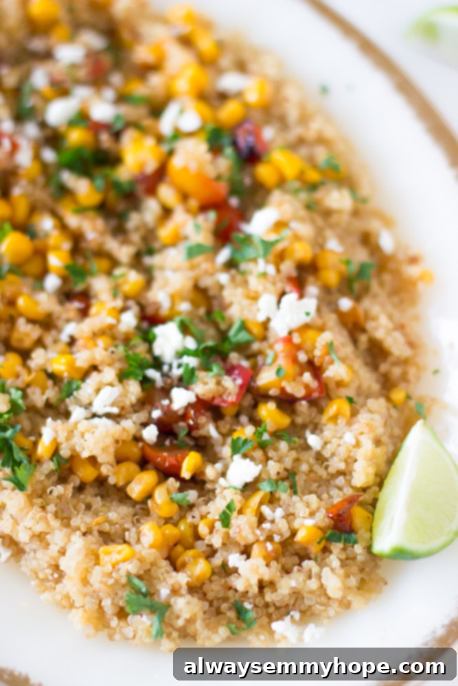 Quinoa and Corn Salad with Honey-Lime Dressing is hearty and delicious, made with roasted tomatoes and feta cheese. The perfect summer salad! A close-up view of the Quinoa and Corn Salad on a white dish, showcasing the plump roasted tomatoes, golden corn kernels, and fluffy quinoa.