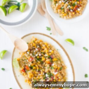 Zesty Honey-Lime Quinoa Corn Salad 5 Quinoa and corn salad on a white plate.