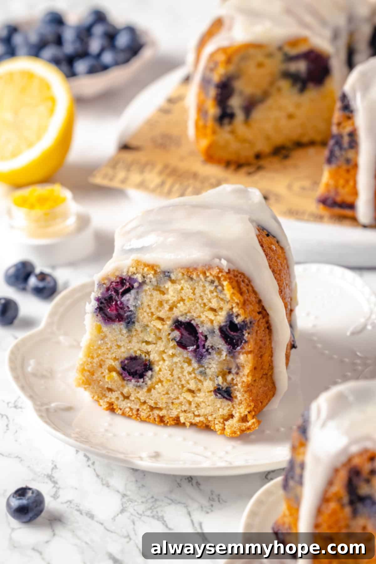A delicious slice of lemon blueberry Bundt cake. A close-up of a single slice of vegan lemon blueberry Bundt cake on a white plate, revealing its moist texture and blueberry specks.