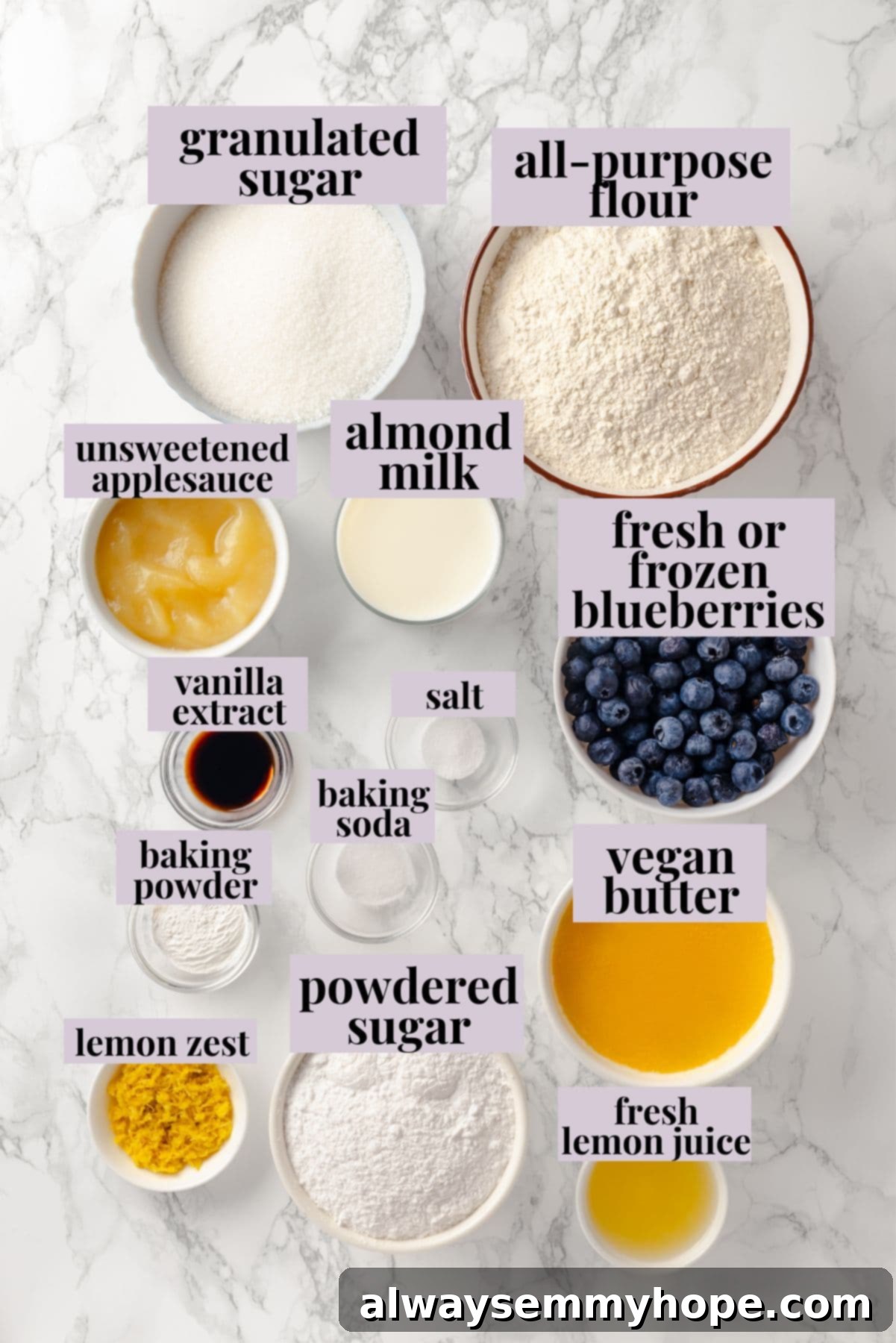 Fresh ingredients for a moist vegan lemon blueberry Bundt cake. An overhead view of various ingredients neatly arranged on a counter, including flour, sugar, blueberries, lemons, and vegan butter, all ready for making the lemon blueberry Bundt cake.