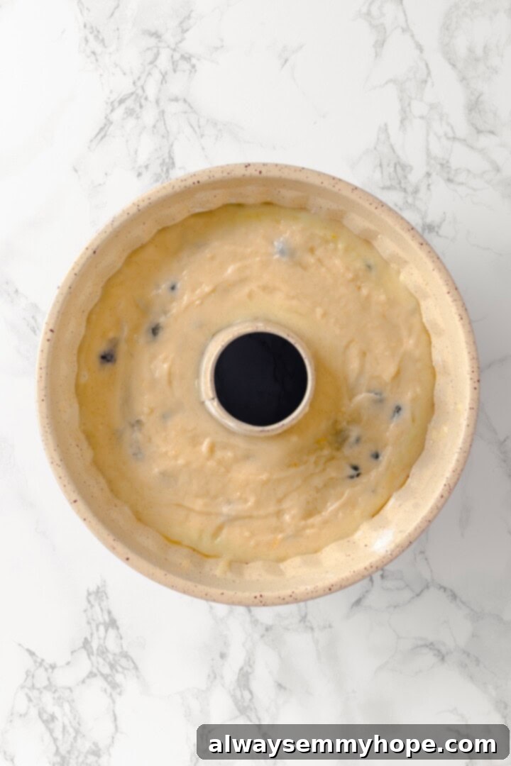 Pour the finished batter into the Bundt pan. Overhead view of the lemon blueberry Bundt cake batter being poured into the prepared Bundt pan, ready for baking.