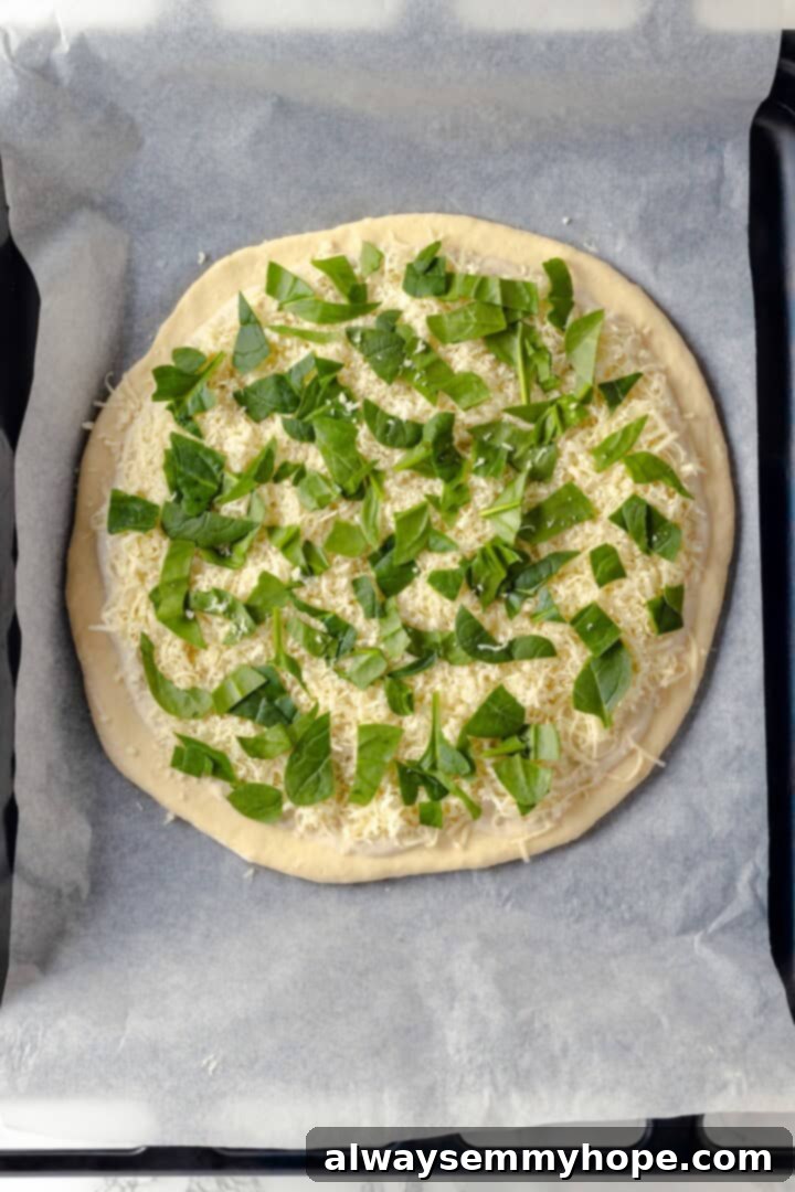 A creamy sauce makes this Alfredo sauce pizza taste indulgent, but it’s vegan! Plant-based chicken and bacon take this recipe over the top. Overhead view of an unbaked Alfredo sauce pizza on a pan, topped with vegan cheese and fresh spinach.