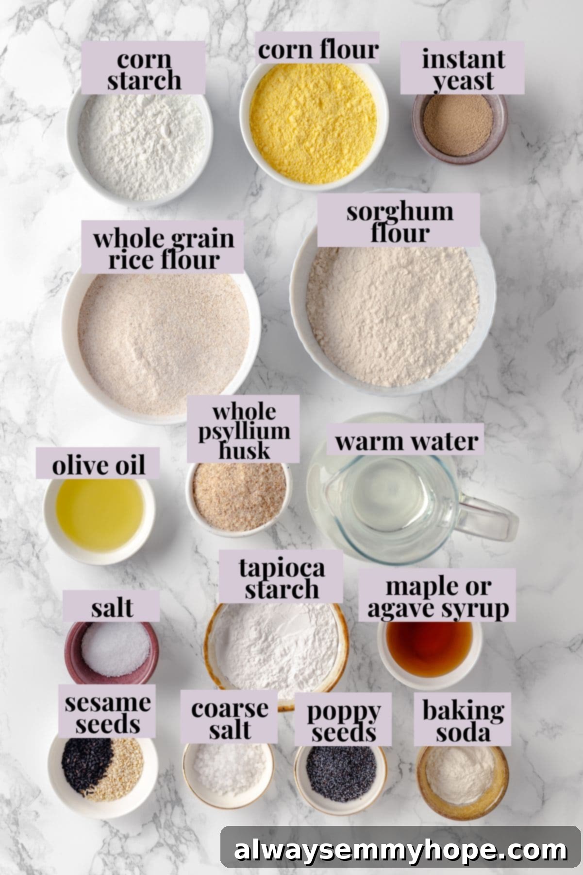 These homemade gluten-free bagels are chewy, delicious, and perfect for finishing with all your favourite toppings. So easy to make too! Overhead view of ingredients for gluten-free bagels